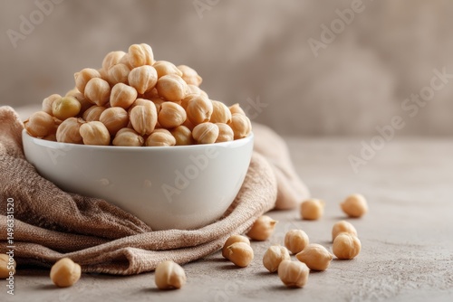 A white bowl filled with chickpeas sits on a beige cloth with more chickpeas scattered on the table.