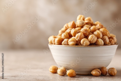 A ceramic bowl filled with dried chickpeas sits on a neutral background, with some chickpeas scattered beside it.