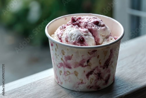 A cup filled with berry swirl ice cream sits on a windowsill, ready to be enjoyed.