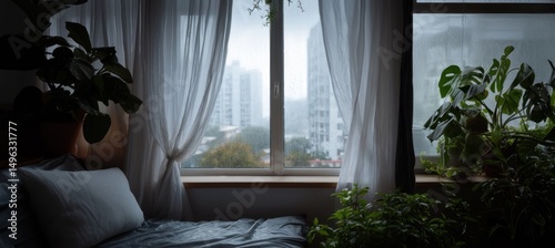 A cozy bedroom with houseplants by a window, sheer curtains, and a rainy cityscape outside.