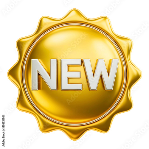 Gold seal badge with word NEW in bold white letters for promotional and marketing design