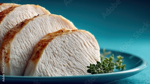 Sliced roasted turkey breast served on a blue plate with fresh herbs for garnish.