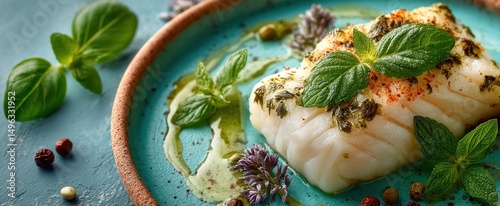 A gourmet fish fillet garnished with fresh herbs and spices, beautifully plated with olive oil on a turquoise ceramic dish.