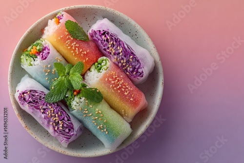 Colorful fresh spring rolls filled with veggies, served in a speckled bowl on a pink and purple gradient background.