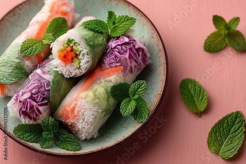Fresh Vietnamese spring rolls with vegetables and mint, served on a ceramic plate with extra mint leaves on a pink background.