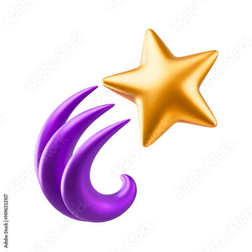 3D golden star with a vibrant purple trail, symbolizing success, wish or achievement