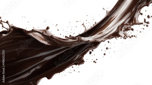 A dynamic splash of rich, flowing chocolate liquid captured in motion against a white background.