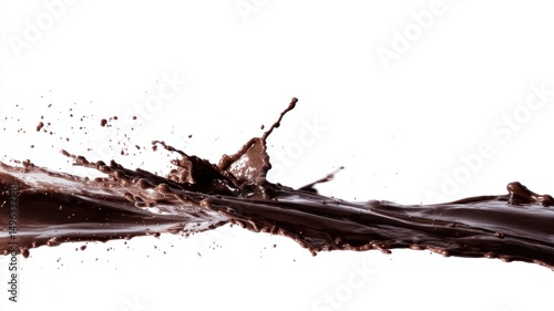 Splash of liquid chocolate captured mid-air on a white background.