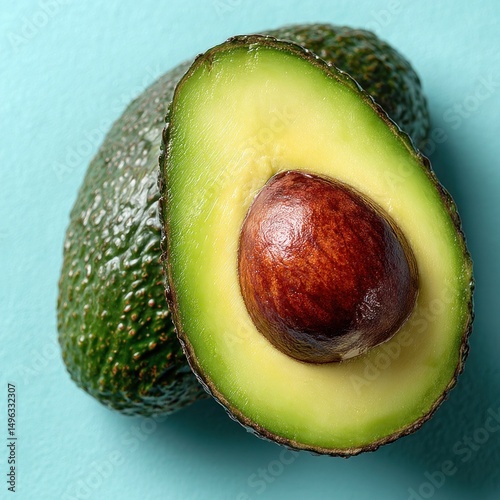 A ripe avocado cut in half with the seed visible, set against a light blue background.