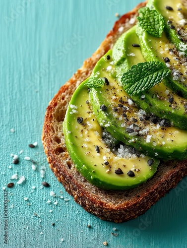 Sliced avocado on whole grain toast, topped with salt, seeds, and mint leaves, served on a turquoise background.