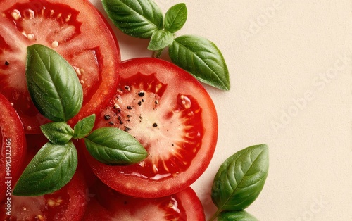 Sliced tomatoes with fresh basil leaves sprinkled with pepper on a light background.
