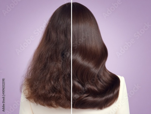 A woman's hair is shown split down the middle, with one side frizzy and one side smooth and shiny, highlighting a dramatic before-and-after hair transformation.