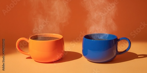 Two steaming mugs, one orange and one blue, sit side by side on an orange surface against a matching background.