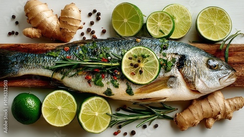 Whole fish garnished with herbs, lime, ginger, and spices arranged on a wooden board, ready for cooking.