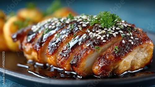 Glazed, sliced meat garnished with sesame seeds and herbs, served on a black plate with a savory sauce.