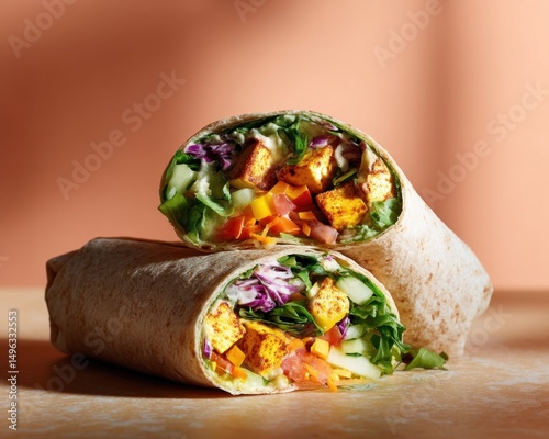 A healthy vegetable wrap filled with fresh greens, grilled tofu, and colorful vegetables, sliced in half and stacked on a bright surface.