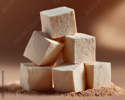 A stack of brown sugar cubes arranged in a pyramid on a brown surface with scattered sugar granules.