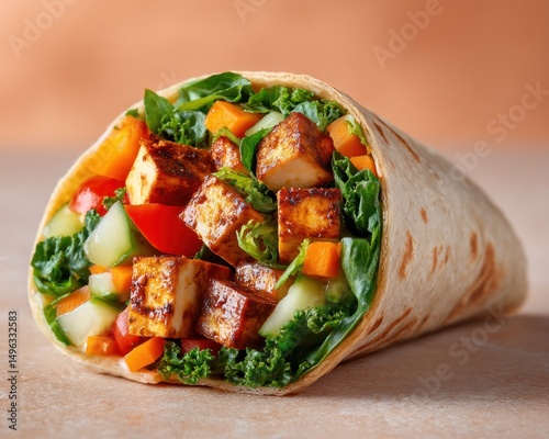 A close-up of a fresh vegetable and grilled paneer wrap filled with colorful veggies and leafy greens in a tortilla.