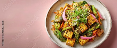 A vibrant plate of tofu stir-fry with vegetables, garnished with green onions and sesame seeds on a pale pink background.