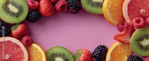 A colorful assortment of sliced fruits arranged in a border on a pink background.