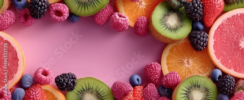Freshly sliced citrus and berries arranged on a pink background with a central empty space.