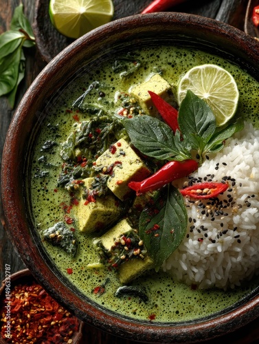 A vibrant bowl of green curry with tofu, rice, fresh basil, lime, red chilies, and black sesame seeds, garnished with spices.