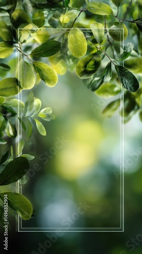 Fresh green leaves frame a blurred natural background with a rectangular border, evoking a serene, vibrant, and organic atmosphere.