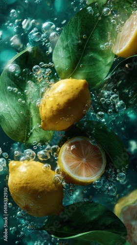 Fresh lemons and green leaves submerged in sparkling water with bubbles rising around them.