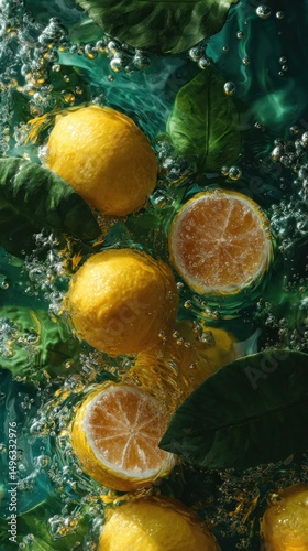 Fresh lemons and green leaves floating in sparkling water with bubbles.