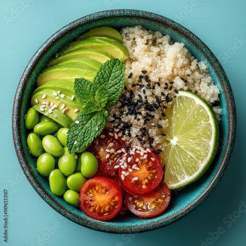 A colorful, healthy bowl featuring quinoa, avocado, cherry tomatoes, edamame, lime, mint, and seeds on a turquoise background.