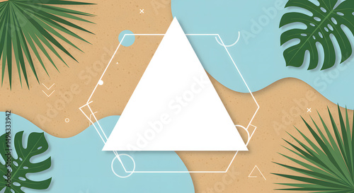 Tropical Beach Background with White Triangle Frame and Monstera Leaves – Summer Minimal Vector Design