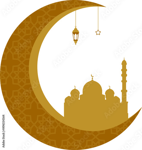 Crescent moon islamic decoration with mosque, lantern illustration. Eid adha, eid al fitr, eid mubarak, ramadan kareem vector isolated.