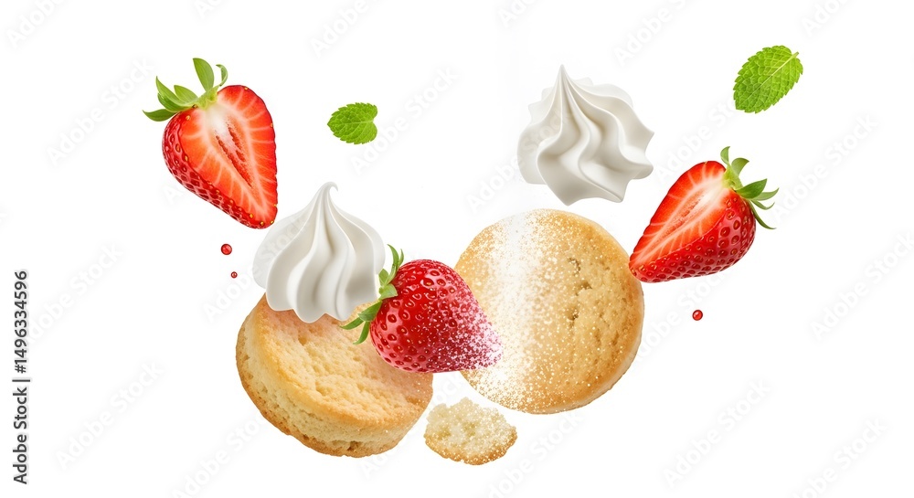 Fototapeta premium Deconstructed Strawberry Shortcake - Flying Dessert Ingredients