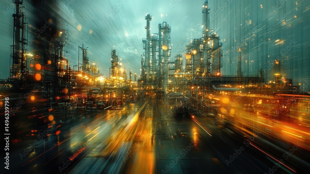 Fototapeta premium A photograph of oil refinery machinery in motion, Fossil Fuels, Industrial and detailed
