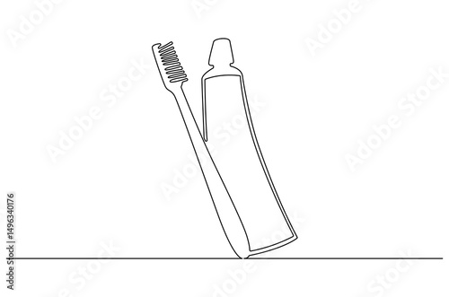 Continuous one line drawing of toothpaste tube with toothbrush. Single line drawing illustration of Tooth paste with brush. Branding oral care products concept vector art. Doodle line illustration.
