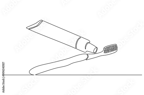 Continuous one line drawing of toothpaste tube with toothbrush. Single line drawing illustration of Tooth paste with brush. Branding oral care products concept vector art. Doodle line illustration.