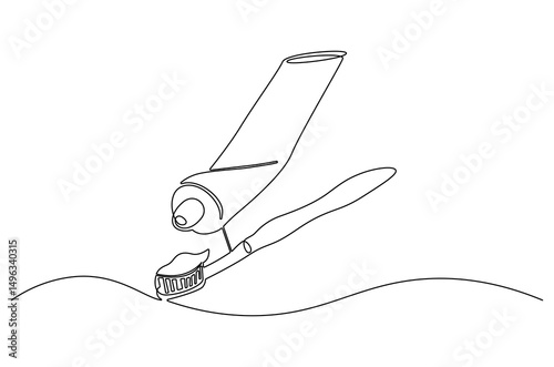 Continuous one line drawing of toothpaste tube with toothbrush. Single line drawing illustration of Tooth paste with brush. Branding oral care products concept vector art. Doodle line illustration.