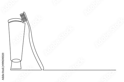 Continuous one line drawing of toothpaste tube with toothbrush. Single line drawing illustration of Tooth paste with brush. Branding oral care products concept vector art. Doodle line illustration.