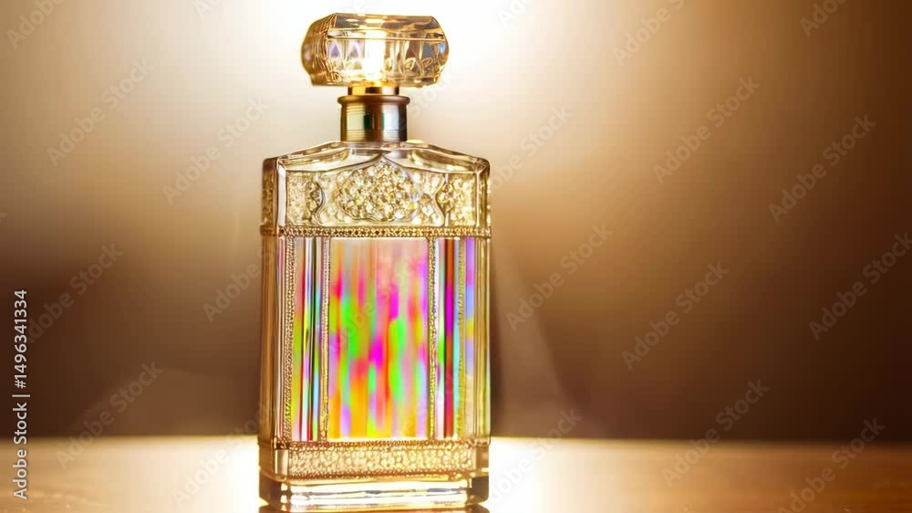 Close-up of a square glass bottle with a decorative crystal stopper and iridescent vertical lines against a warm background