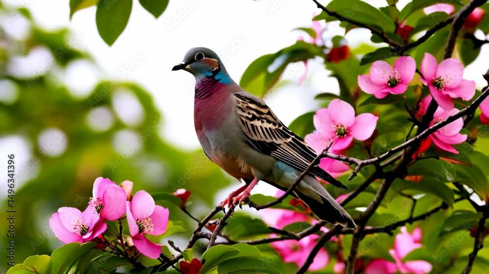 Colorful dove perched on a tree branch surrounded by blooming pink flowers on a bright spring day