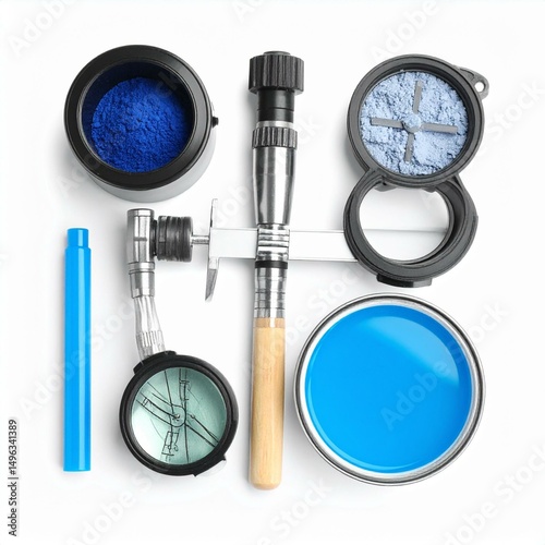 A collection of various blue art supplies arranged creatively on a white background.