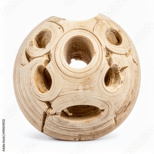 Artistic wooden sphere with unique holes and textures, perfect for home decor.