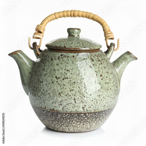 A beautiful, speckled ceramic teapot with a bamboo handle, ideal for serving tea.