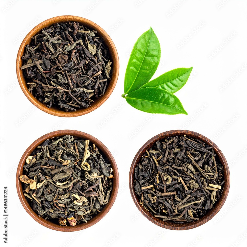 Fototapeta premium Various types of loose leaf tea in bowls with fresh tea leaves for a refreshing brew.