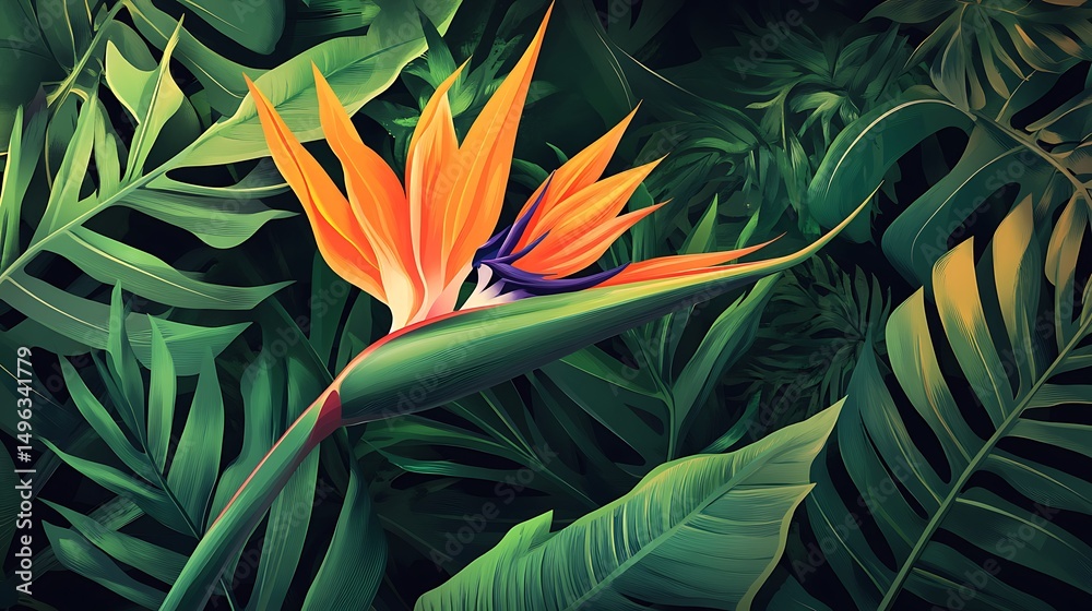 Fototapeta premium Vibrant bird of paradise flower amidst tropical foliage.