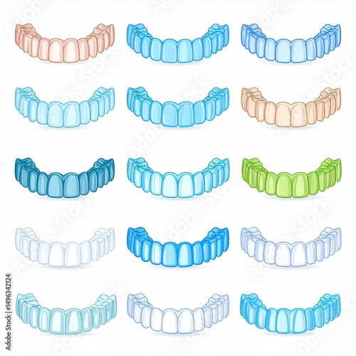 Colorful dental aligners arranged in rows, showcasing different designs and hues.