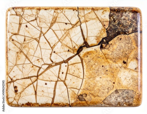 Close-up of an antique tile exhibiting unique crackled textures and earthy colors.