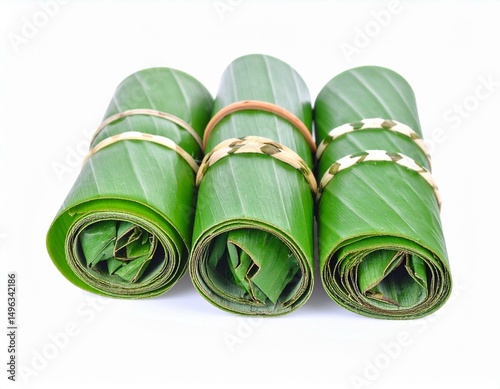 Three rolled green leaves tied with bands, showcasing nature's beauty and texture.
