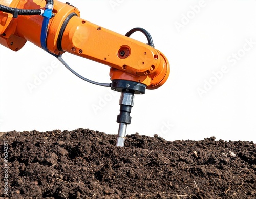 A robotic arm digging into soil, showcasing advanced agricultural techniques.
