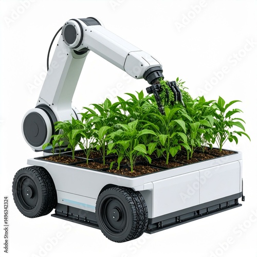 A robotic arm tending to a garden of healthy green plants on a modern agricultural vehicle.